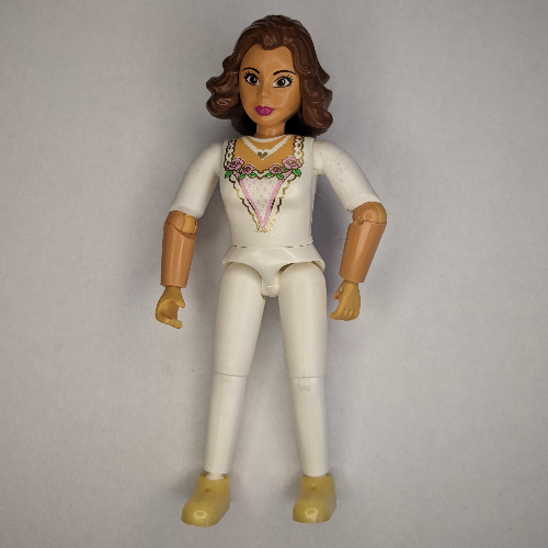 Belville figurine coudes articulés, femelle, cheveux bruns, haut blanc avec garniture de dentelle d'or, pantalon blanc, chaussures d'or (bride) (Belville Figure Articulated Elbows, Female, Brown Hair, White Top with Gold Lace Trim, White Pants, Gold Shoes (Bride))