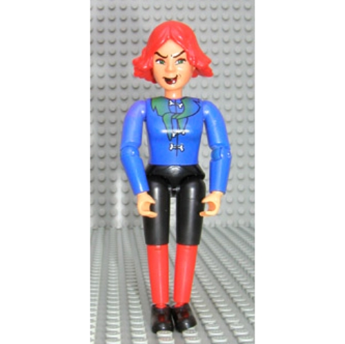 Visuel indicatif Rebrickable de Belville figurine coudes articulés, femelle, cheveux roux, short noir, chemise bleue avec motif imprimé d'os (sorcière) (Belville Figure Articulated Elbows, Female, Red Hair, Black Shorts, Blue Shirt with Bones Print (Witch))