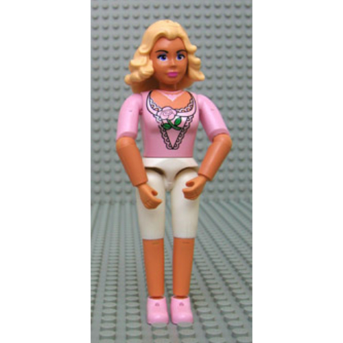 Belville figurine Coudes articulés, femelle, cheveux jaune clair, short blanc, chemise rose avec motif imprimé rose (Belville Figure Articulated Elbows, Female, Light Yellow Hair, White Shorts, Pink Shirt with Rose Print)