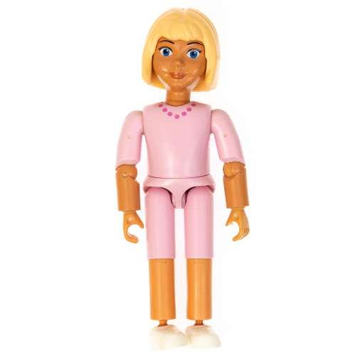 Belville figurine Coudes articulés, enfant, femme, cheveux jaune clair, short rose, chemise rose avec collier imprimé (Belville Figure Articulated Elbows, Child, Female, Light Yellow Hair, Pink Shorts, Pink Shirt with Necklace Print)