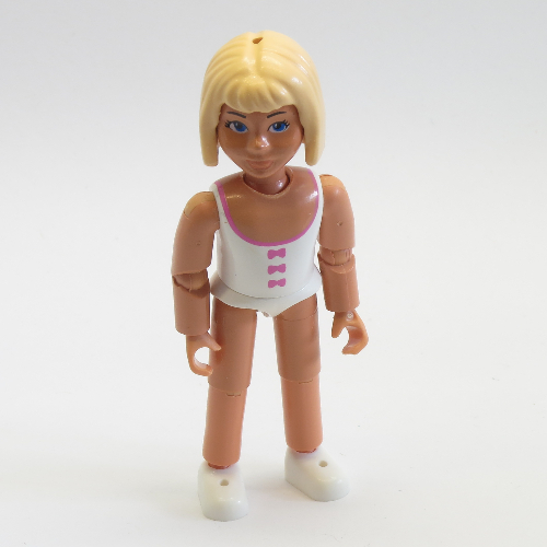 Belville figurine coudes articulés, enfant, femme, cheveux jaune clair, maillot de bain blanc avec noeuds rose foncé motif imprimé (Belville Figure Articulated Elbows, Child, Female, Light Yellow Hair, White Swimsuit with Dark Pink Bows Print)