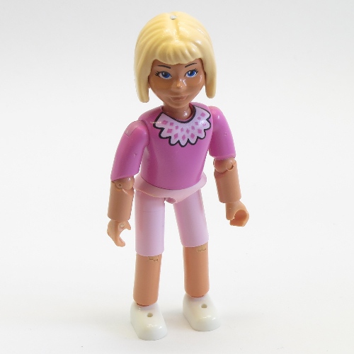 Belville figurine Coudes articulés, enfant, femme, cheveux jaune clair, short rose, chemise rose foncé avec motif imprimé col (Belville Figure Articulated Elbows, Child, Female, Light Yellow Hair, Pink Shorts, Dark Pink Shirt with Collar Print)