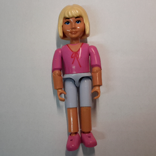 Visuel indicatif Rebrickable de Belville figurine Coudes articulés, enfant, femme, cheveux jaune clair, short violet, chemise rose, arc (Belville Figure Articulated Elbows, Child, Female, Light Yellow Hair, Violet Shorts, Pink Shirt, Bow)