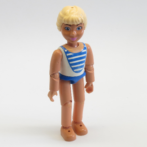 Visuel indicatif Rebrickable de Belville figurine Coudes articulés, enfant, femme, cheveux jaune clair, maillot de bain blanc avec motif imprimé rayures bleues (Laura) (Belville Figure Articulated Elbows, Child, Female, Light Yellow Hair, White Swimsuit with Blue Stripes Print (Laura))