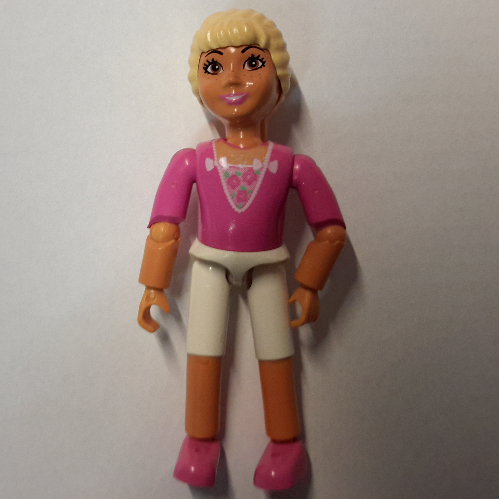 Visuel indicatif Rebrickable de Belville figurine Coudes articulés, enfant, femme, cheveux jaune clair, chemise rose foncé, col en V avec motif imprimé Roses (Belville Figure Articulated Elbows, Child, Female, Light Yellow Hair, Dark Pink Shirt, V Neck with Roses Print)