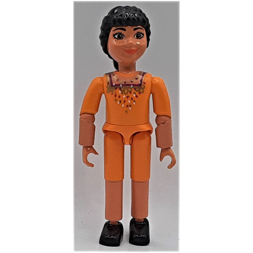 Visuel indicatif Rebrickable de Belville figurine Coudes articulés, enfant, femme, cheveux noirs, short orange moyen et haut (Princesse Paprika) (Belville Figure Articulated Elbows, Child, Female, Black Hair, Medium Orange Shorts and Top (Princess Paprika))