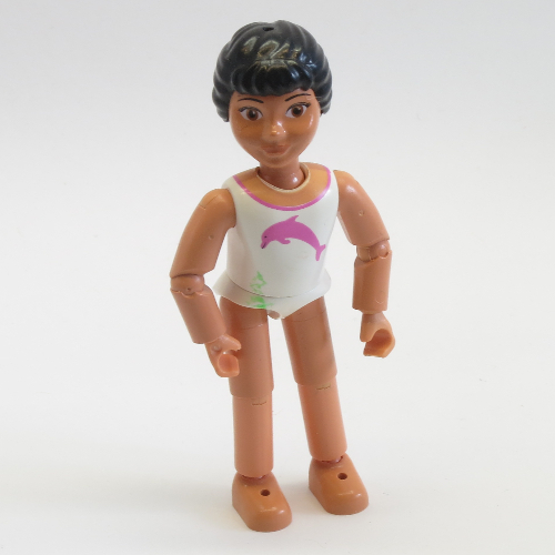 Visuel indicatif Rebrickable de Belville figurine Articulé coudes, enfant, femme, cheveux noirs, maillot de bain blanc avec motif imprimé dauphin rose foncé (Belville Figure Articulated Elbows, Child, Female, Black Hair, White Swimsuit with Dark Pink Dolphin Print)