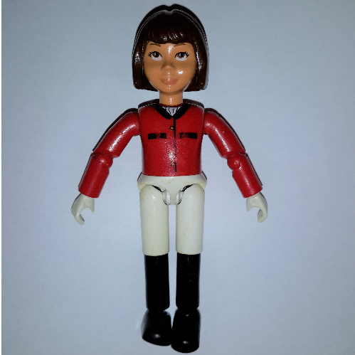 Belville figurine Coudes articulés, enfant, femme, cheveux bruns, short blanc, chemise rouge (coureur de cheval) (Belville Figure Articulated Elbows, Child, Female, Brown Hair, White Shorts, Red Shirt (Horse Rider))