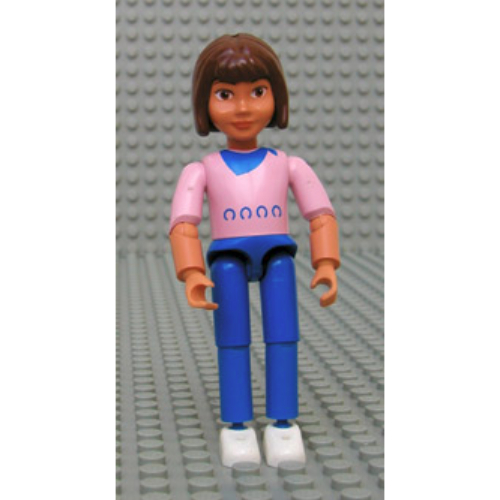 Visuel indicatif Rebrickable de Belville figurine coudes articulés, enfant, femme, cheveux bruns, pantalon bleu, motif imprimé chemise fer à cheval (Belville Figure Articulated Elbows, Child, Female, Brown Hair, Blue Pants, Horseshoe Shirt Print)