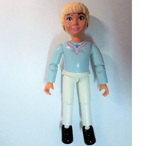 Visuel indicatif Rebrickable de Belville figurine Coudes articulés, enfant, femme, cheveux jaune clair, pantalon blanc, haut bleu clair avec garniture rose foncé et collier motif imprimé (Belville Figure Articulated Elbows, Child, Female, Light Yellow Hair, White Pants, Light Blue Top with Dark Pink Trim and Necklace Print)