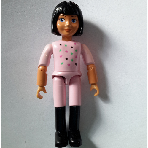 Visuel indicatif Rebrickable de Belville figurine Coudes articulés, Enfant, Femme, Cheveux noirs, haut rose vif, Bottes noires, Motif imprimé étoile (Lucinda) (Belville Figure Articulated Elbows, Child, Female, Black Hair, Bright Pink Top, Black Boots, Star Print (Lucinda))