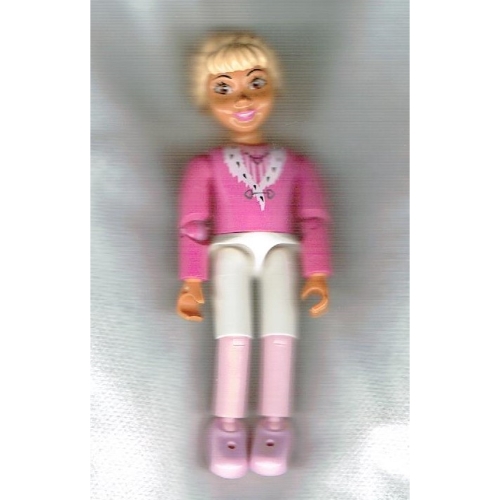 Belville figurine coudes articulés, enfant, femme, cheveux jaune clair, haut rose foncé avec motif imprimé col hermine (Belville Figure Articulated Elbows, Child, Female, Light Yellow Hair, Dark Pink Top with Ermine Collar Print)