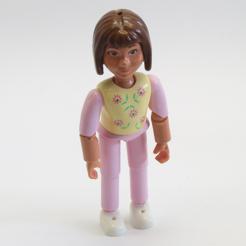 Visuel indicatif Rebrickable de Belville figurine Coudes articulés, enfant, femme, cheveux bruns, jambes roses, chaussures blanches, haut jaune avec motif imprimé de fleurs (Belville Figure Articulated Elbows, Child, Female, Brown Hair, Pink Legs, White Shoes, Yellow Top with Flowers Print)