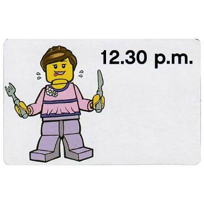 Visuel indicatif Rebrickable de Carte d'activité, Heure d'enseignement 12 heures Horloge 12.30 p.m., Femme (Activity Card, Time-Teaching 12-Hour Clock 12.30 p.m., Female)
