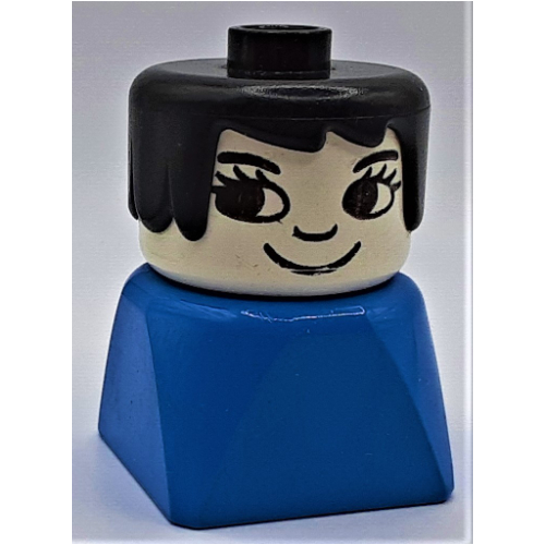 Visuel indicatif Rebrickable de Duplo 2 x 2 x 2 figurine brique tôt, cheveux longs balayés noir, cils, à la recherche de motif imprimé à droite (Duplo 2 x 2 x 2 Figure Brick Early, Long Swept Hair Black, Eyelashes, Looking Right Print)