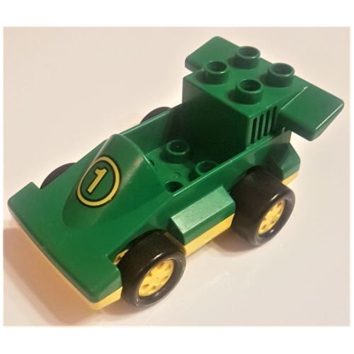 Visuel indicatif Rebrickable de Duplo voiture formule un avec base jaune et jaune numéro 1 motif imprimé (Duplo Car Formula One with Yellow Base and Yellow Number 1 Print)