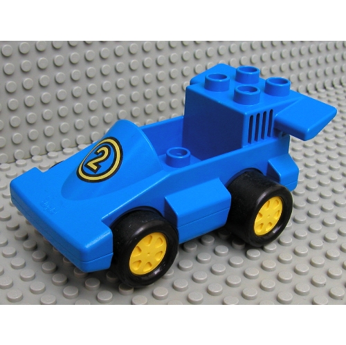 Visuel indicatif Rebrickable de Duplo voiture formule un avec fond bleu et jaune numéro 2 motif imprimé (Duplo Car Formula One with Blue Bottom and Yellow Number 2 Print)