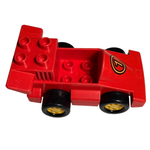 Visuel indicatif Rebrickable de Duplo voiture formule un avec base rouge et jaune numéro 1 motif imprimé (Duplo Car Formula One with Red Base and Yellow Number 1 Print)