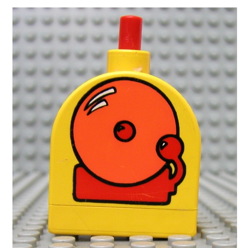 Visuel indicatif Rebrickable de Duplo brique avec bouton de sonnerie de travail sur le dessus incurvé, orange alarme cloche motif imprimé (Duplo Brick with Working Ringer Button on Curved Top, Orange Alarm Bell Print)