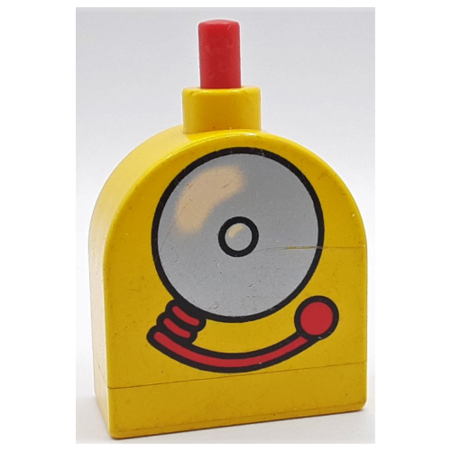 Visuel indicatif Rebrickable de Duplo brique avec bouton de sonnerie de travail sur le dessus incurvé, motif imprimé alarme argent (Duplo Brick with Working Ringer Button on Curved Top, Silver Alarm Bell Print)