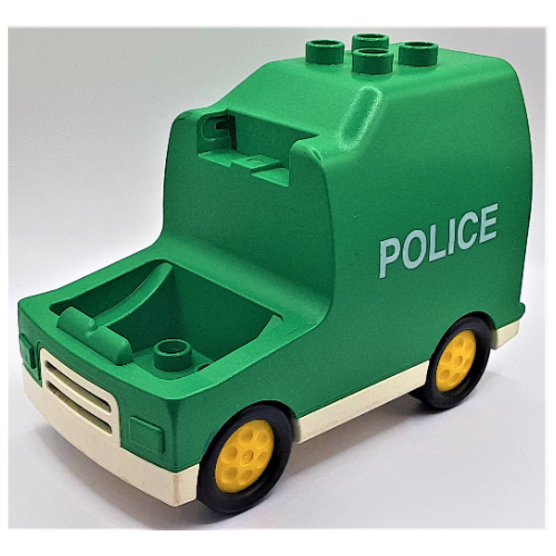 Visuel indicatif Rebrickable de Duplo Van, avec base blanche, moyeux jaunes et motif imprimé 'POLICE' (Duplo Van, with White Base, Yellow Hubs, and 'POLICE' Print)