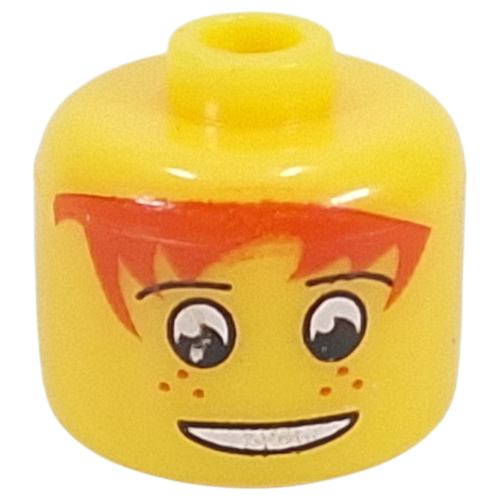 Visuel indicatif Rebrickable de Perle pour stylo, grand cylindre à bords arrondis avec tête de figurine avec cheveux roux, yeux blancs, taches de rousseur imprimé (Pen Bead, Round Large, Curved Edges / Cylinder with Minifig Head with Red Hair, White Eyes, Freckles Print)