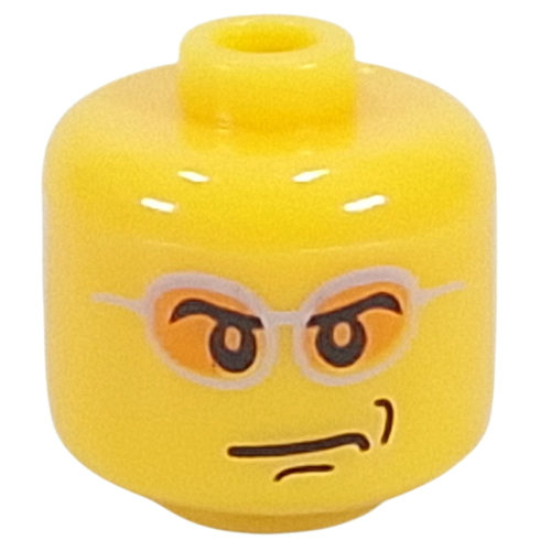 Visuel indicatif Rebrickable de Perle pour stylo, grand cylindre à bords arrondis avec tête de figurine avec des lunettes argentées, motif de lentilles orange (Pen Bead, Round Large, Curved Edges / Cylinder with Minifig Head with Silver Glasses, Orange Lenses Print)