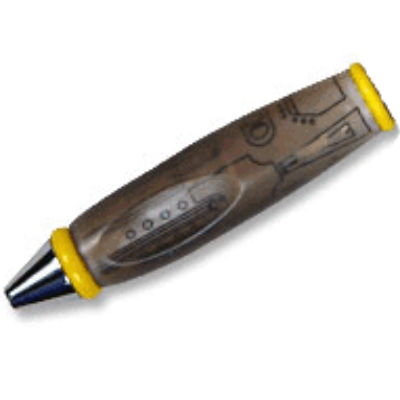 Visuel indicatif Rebrickable de Corps de stylo avec pointe chromée et extrémités jaunes, motif : lignes mécaniques noires (Pen Body, with Chrome Tip, Yellow Ends, Black Mechanical Lines Print)