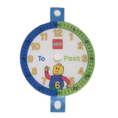 Cadran pédagogique d’horloge en plastique, logo LEGO, minifigurine et inscriptions 'To' et 'Past' (Clock Face, Time-Teacher, Plastic with LEGO Logo and Minifigure with 'To' and 'Past' Text)