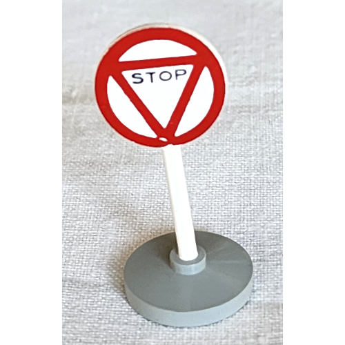 Visuel indicatif Rebrickable de Panneau routier vieux rond avec triangle arrêt motif imprimé & type 2 base (Road Sign Old Round with Triangle Stop Print & Type 2 Base)