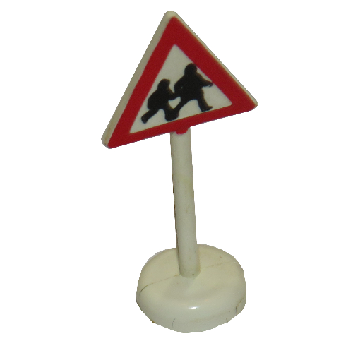 Visuel indicatif Rebrickable de Signe de route vieux triangle avec piéton Crossing 2 personnes motif imprimé pièce unitaire (Road Sign Old Triangle with Pedestrian Crossing 2 People Print Single Piece Unit)