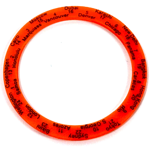 Lunette de montre ronde, lisse et épaisse, avec heures du monde, chiffres noirs et noms de villes (Watch, Bezel Round, Smooth, Thick with World Clock, Black Numbers and Cities Print)