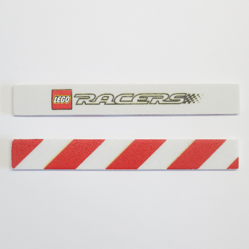 Visuel indicatif Rebrickable de Barrière, LEGO et Racers Logos Un côté, Rayures de danger rouges à l'envers (Barrier, Lego and Racers Logos One Side, Red Danger Stripes on Reverse)
