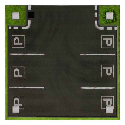 Visuel indicatif Rebrickable de Plaque de base avec 4 trous d'angle carrés et parking / route droite avec motif imprimé voie d'urgence (Baseplate with 4 Square Corner Holes and Parking Site / Straight Road with Emergency Lane Print)