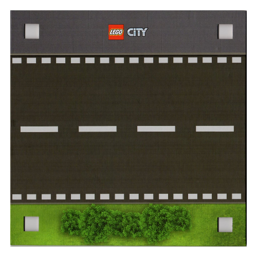 Visuel indicatif Rebrickable de Plaque de base avec 4 trous d'angle carrés et route droite avec herbe / route droite avec poussière (terre) Marques motif imprimé (Baseplate with 4 Square Corner Holes and Road Straight with Grass / Road Straight with Dust (Dirt) Marks Print)