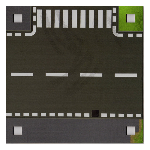 Visuel indicatif Rebrickable de Plaque de base avec 4 trous d'angle carrés et t-intersection / route courbe avec des marques de poussière (sale) motif imprimé (Baseplate with 4 Square Corner Holes and T-Intersection / Curved Road with Dust (Dirt) Marks Print)