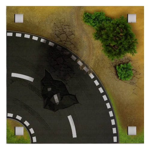 Visuel indicatif Rebrickable de Plaque de base avec 4 trous d'angle carrés et route courbe endommagé / pont sur motif imprimé de l'eau (Baseplate with 4 Square Corner Holes and Curved Road Damaged / Bridge Over Water Print)