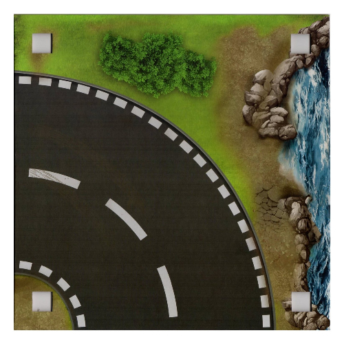 Visuel indicatif Rebrickable de Plaque de base avec 4 trous d'angle carrés et motif imprimé Route / Piste de terre courbée (circuit sable) (Baseplate with 4 Square Corner Holes and Curved Road / Dirt Track (Sand Circuit) Print)