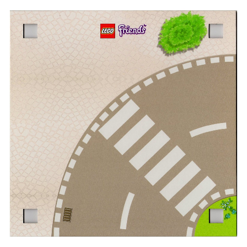 Visuel indicatif Rebrickable de Plaque de base avec 4 trous d'angle carrés et route incurvée avec passage pour piétons / jardin avec motif imprimé zone carrelée (Baseplate with 4 Square Corner Holes and Curved Road with Crosswalk / Garden With Tiled Area Print)