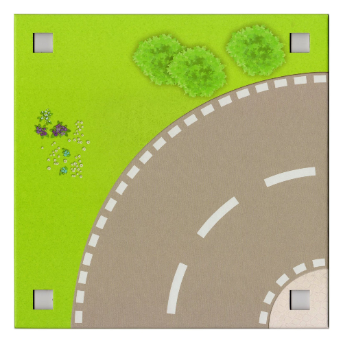 Visuel indicatif Rebrickable de Plaque de base avec 4 trous d'angle carrés et route incurvée / jardin avec motif imprimé de clôture (Baseplate with 4 Square Corner Holes and Curved Road / Garden with Fence Print)