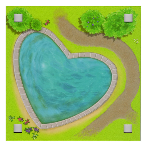 Visuel indicatif Rebrickable de Plaque de base avec 4 trous d'angle carrés et en forme de cœur Piscine / Plage avec motif imprimé Palmiers (Baseplate with 4 Square Corner Holes and Heart Shaped Swimming Pool / Beach with Palm Trees Print)