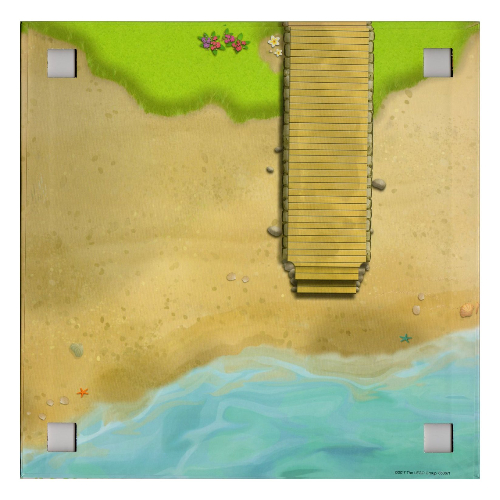 Visuel indicatif Rebrickable de Plaque de base avec 4 trous d'angle carrés et espace de stationnement / plage avec motif imprimé de palier (Baseplate with 4 Square Corner Holes and Parking Space / Beach with Landing Stage Print)