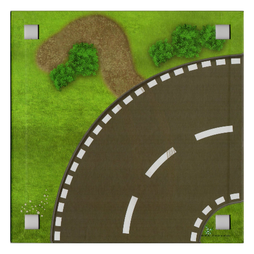Visuel indicatif Rebrickable de Plaque de base avec 4 trous d'angle carrés et route courbe / route droite motif imprimé (Baseplate with 4 Square Corner Holes and Curved Road / Straight Road Print)