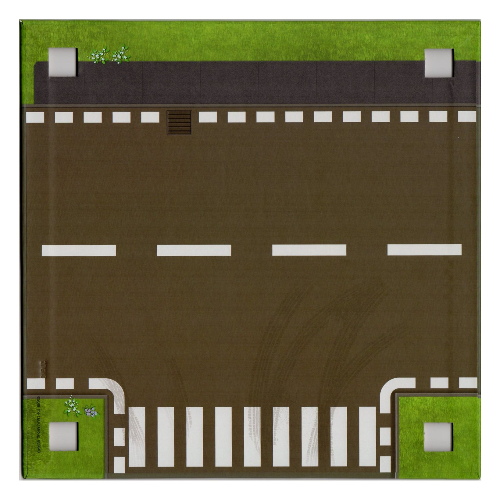 Visuel indicatif Rebrickable de Plaque de base avec 4 trous d'angle carrés et motif imprimé courbé Route / T Intersection (Baseplate with 4 Square Corner Holes and Curved Road / T Intersection Print)