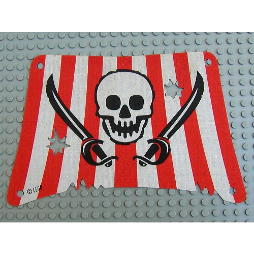 Visuel indicatif Rebrickable de Voile, en lambeaux, Rectangle avec dommages et rayures rouges, crâne et 2 Cutlass imprimés (Sail, Tattered, Rectangle with Damage and Red Stripes, Skull and 2 Cutlasses Print)