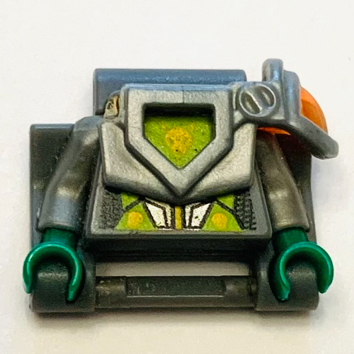 Maillon extra-long de bracelet de montre avec torse de minifigurine, armure argentée et verte, bras gris bleuté foncé et mains vertes (Watch, Link, Extra Long with Minifigure Torso with Silver and Green Armour Print, Dark Bluish Gray Arms, Green Hands)