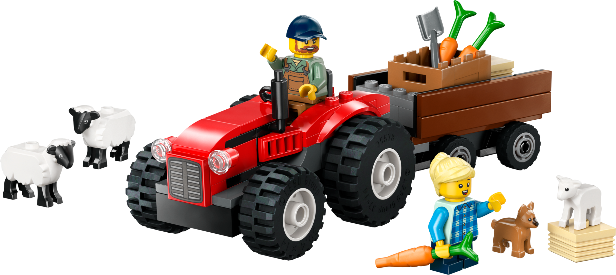 Tracteur agricole rouge avec remorque & moutons (Red Farm Tractor with Trailer & Sheep)
