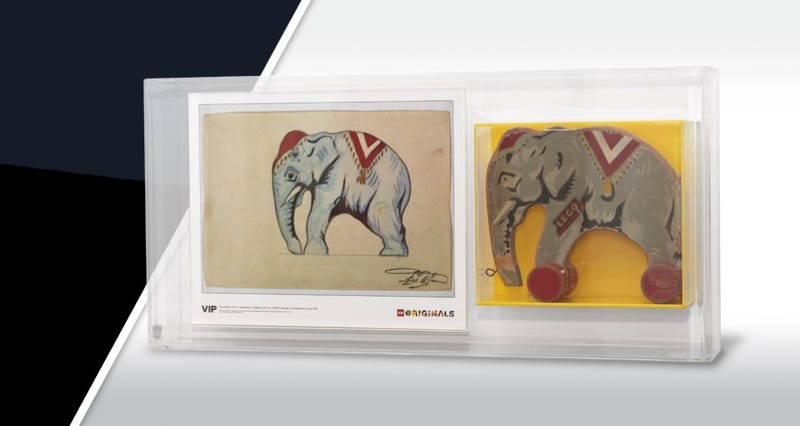Éléphant original en bois à tirer et reproduction artistique (Original Wooden Elephant Pull-Along Toy and Print)