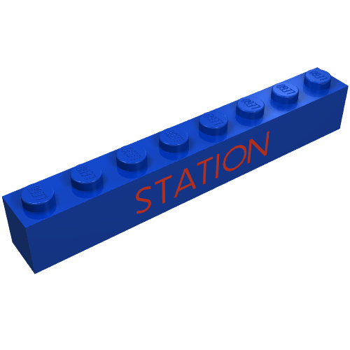 Rendu LDraw de Brique 1 x 8 avec motif imprimé rouge fin et étroit 'STATION' (Brick 1 x 8 with 'STATION' Thin Narrow Red Print), couleur indicative