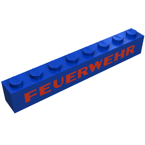 Rendu LDraw de Brique 1 x 8 avec motif imprimé rouge épais 'FEUERWEHR' (Brick 1 x 8 with 'FEUERWEHR' Thick Red Print), couleur indicative